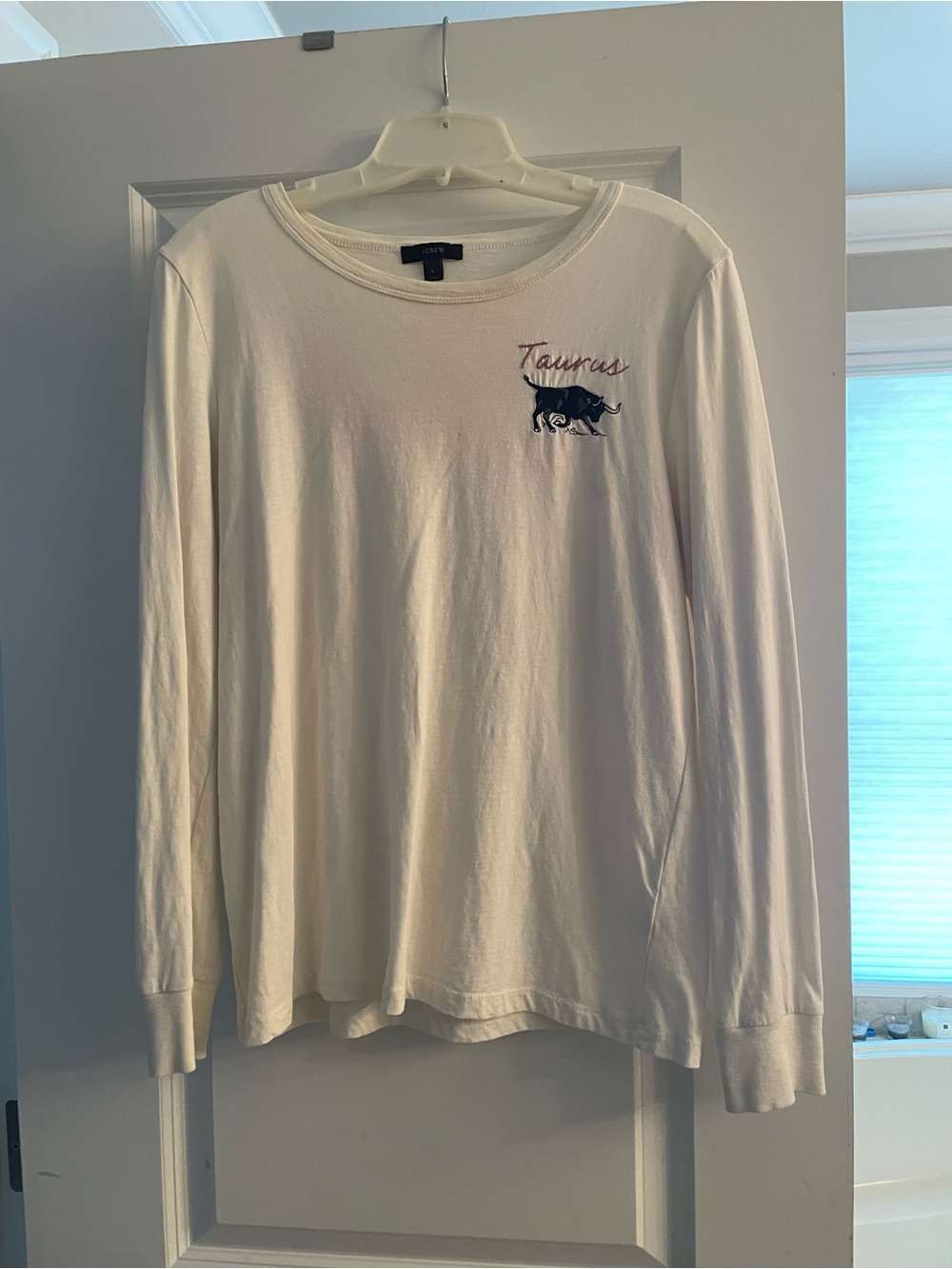 J. Crew White Long Sleeve Tee with Taurus Embroidery